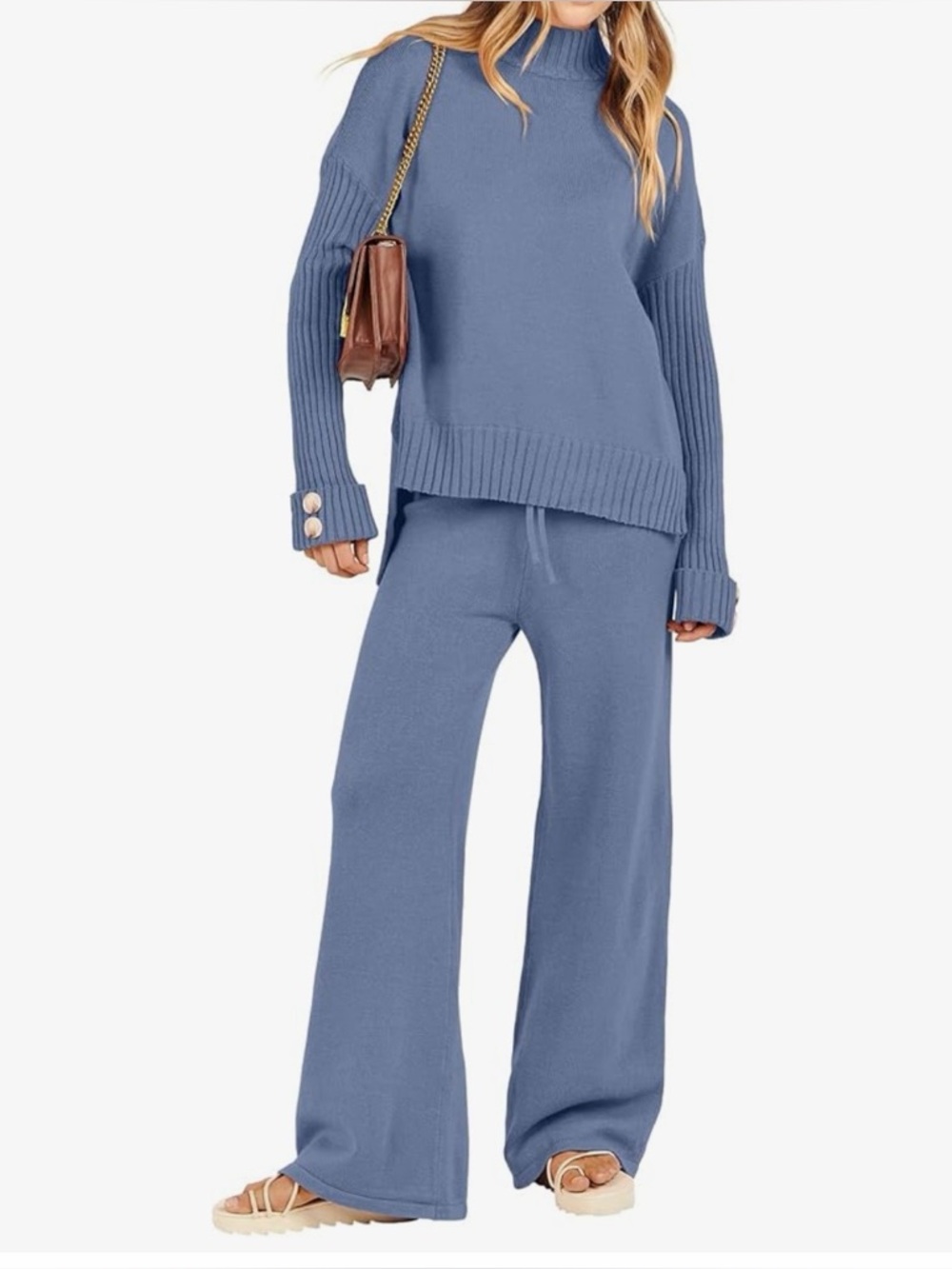 Cozy Light Blue Knit Sweater and Wide-Leg Pants Set